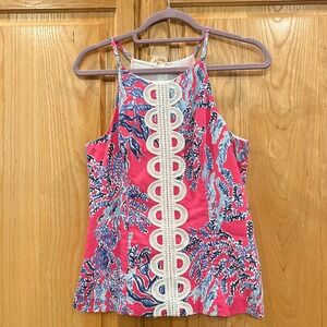 Lilly Pulitzer Pink Blue Floral Halter Top Size 4 Sleeveless Summer